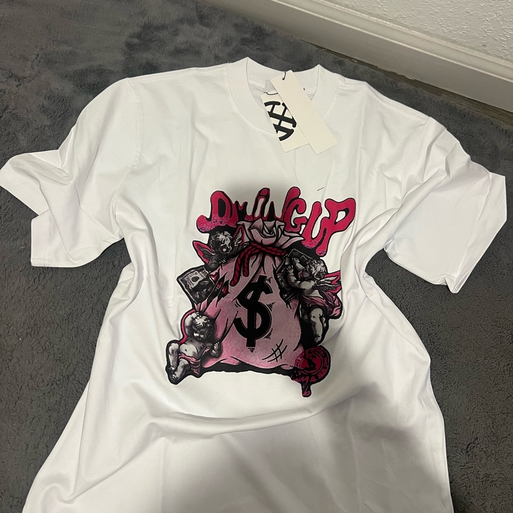 White Graphic T-Shirt with Pink and Black Design
